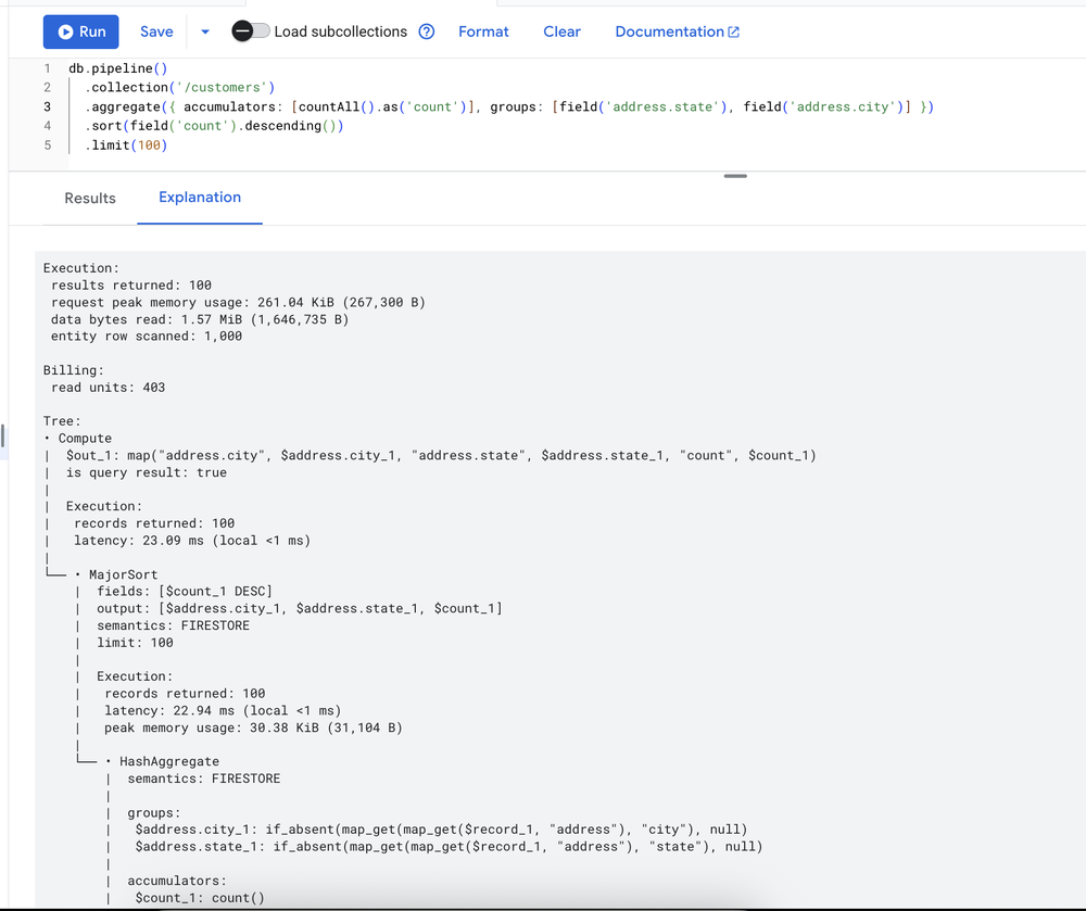 Exemplo de Query Explain no Firestore
